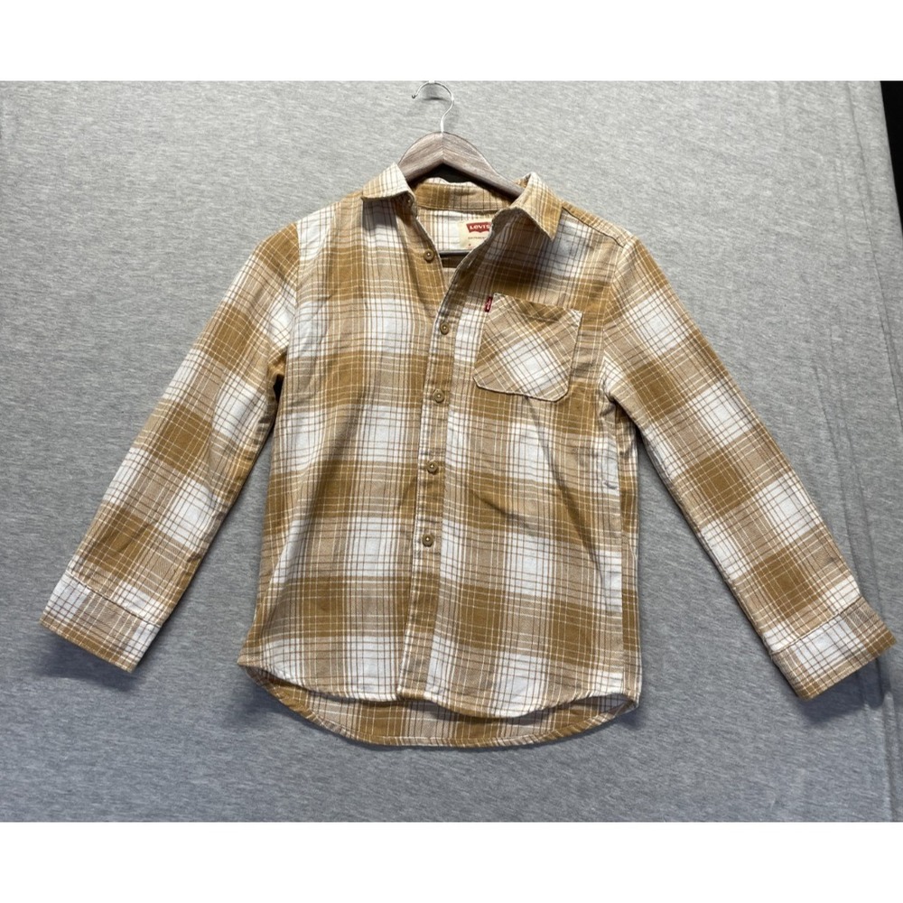 Levi's Flannel One Pocket Shirt Boys M (10-12) Light Brown White Plaid Button Up